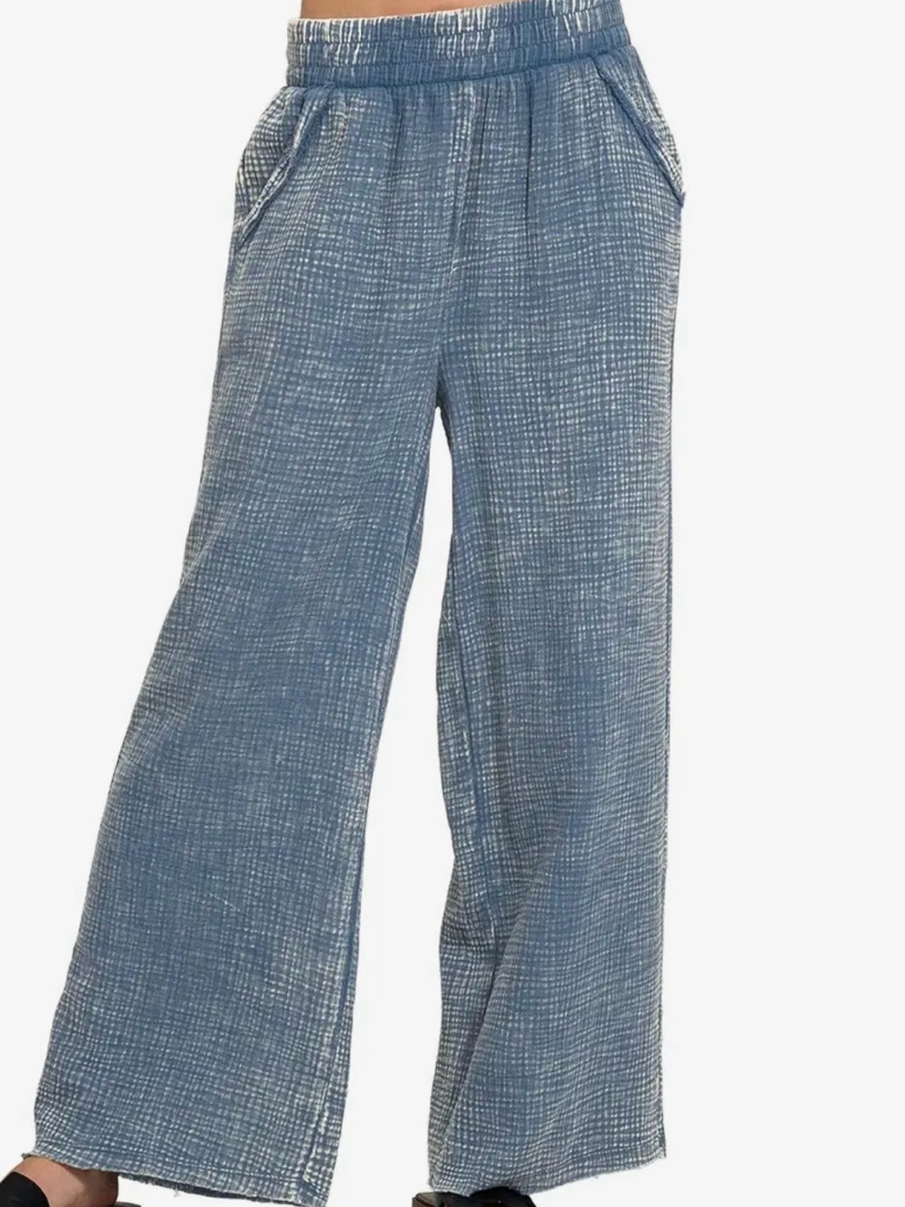 Wide Leg Blue Knit Pull-On Pants